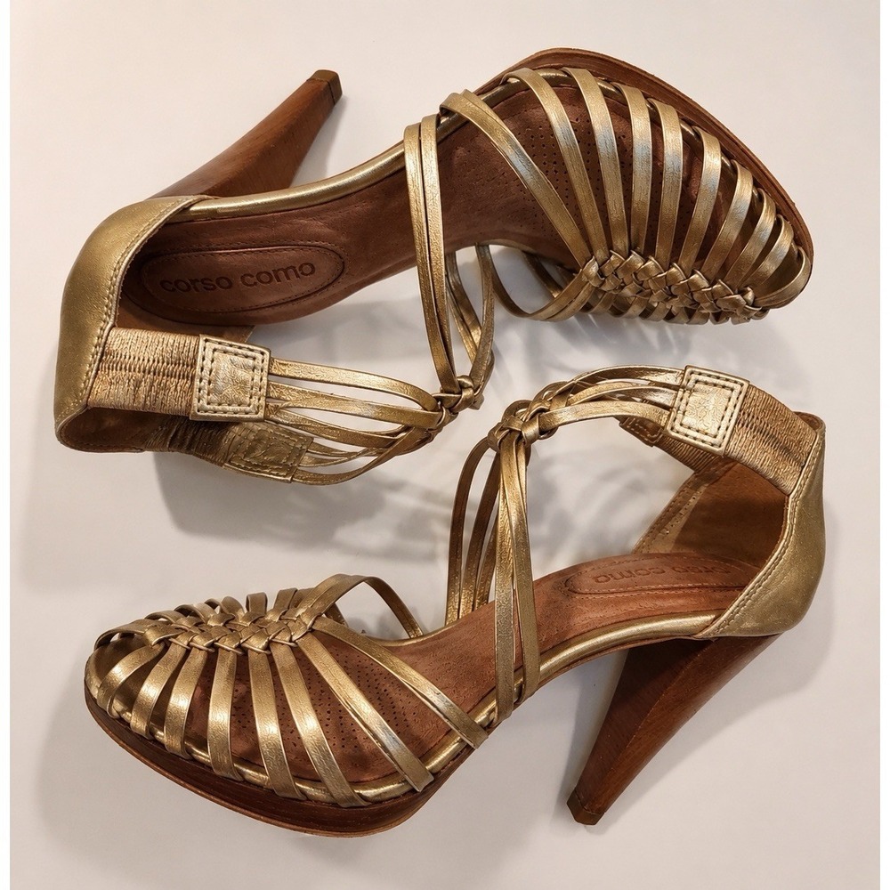 Corso Como Old Gold Strappy Heels Size 9 Antique Gold Leather Sandals 4.2" Heel